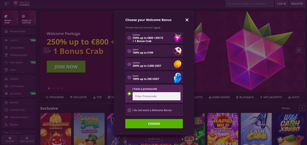 Malina Casino promo code úvod en