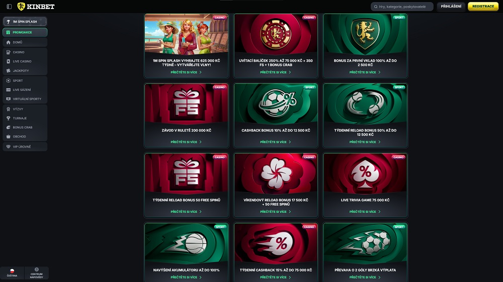 Náhled bonusů a promoakcí v online casinu a sázkové kanceláři KinBet