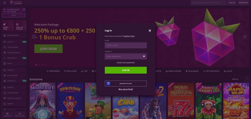 Malina Casino login úvod en