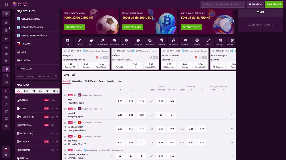 Náhled sázkové kanceláře Malina Casino se štědrým uvítacím bonusem a mnoha sportovními událostmi k sázení