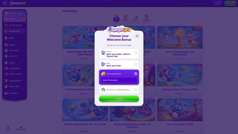 Preview of the registration form with promo code at Robocat casino