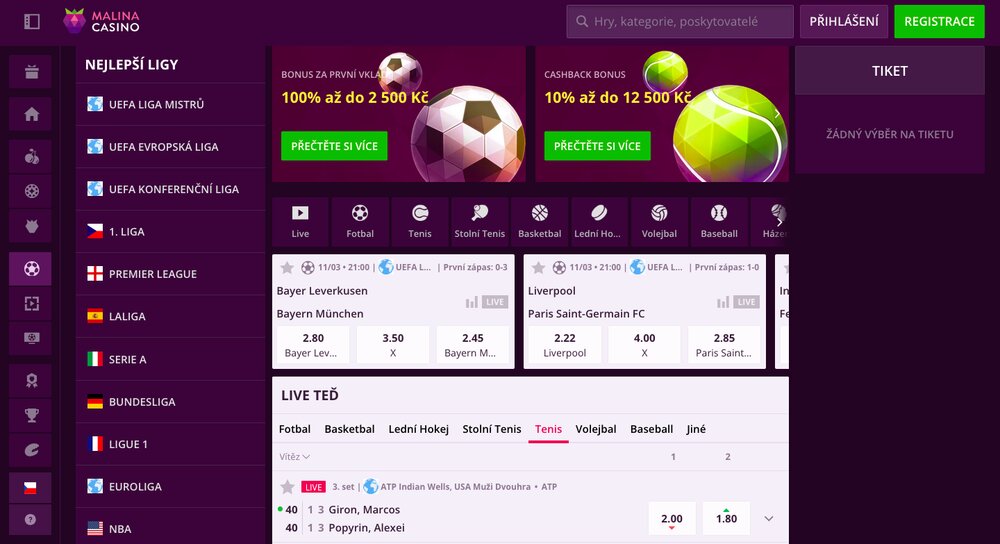 Oferta de cuotas y bono de bienvenida en la casa de apuestas Malina Casino