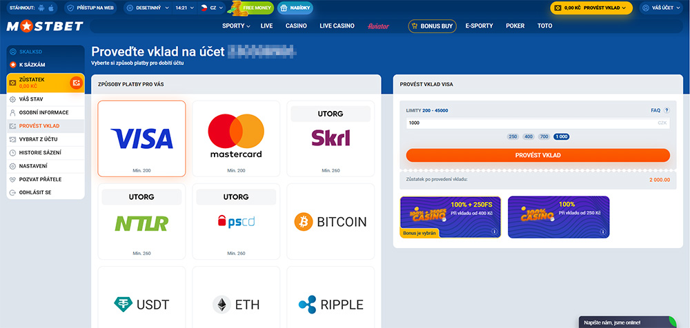 MostBet – vklad a výběr peněz