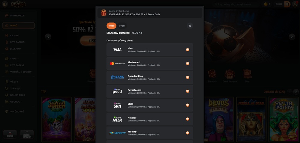 Gransino vklad a výběr peněz