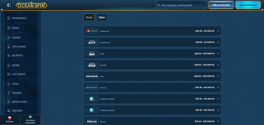 Ocean Spin depósito y retiro de dinero