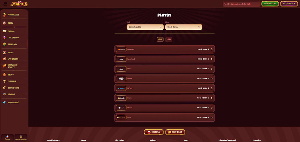 Magius – vklad a výběr peněz