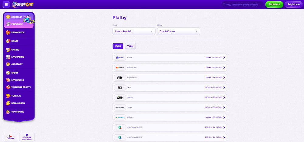 Robocat – vklad a výběr peněz