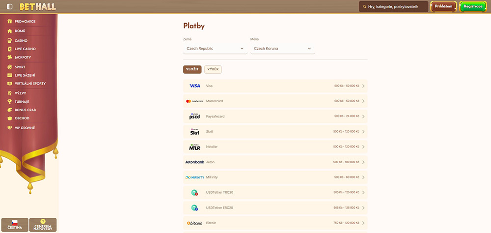 BetHall – vklad a výběr peněz