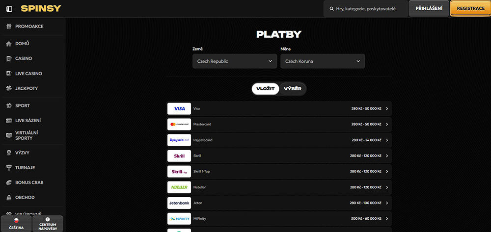 Spinsy – deposits and withdrawals