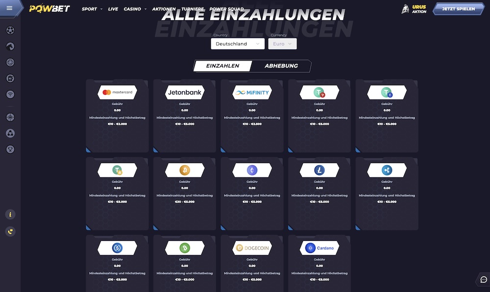 Powbet Ein- und Auszahlungen