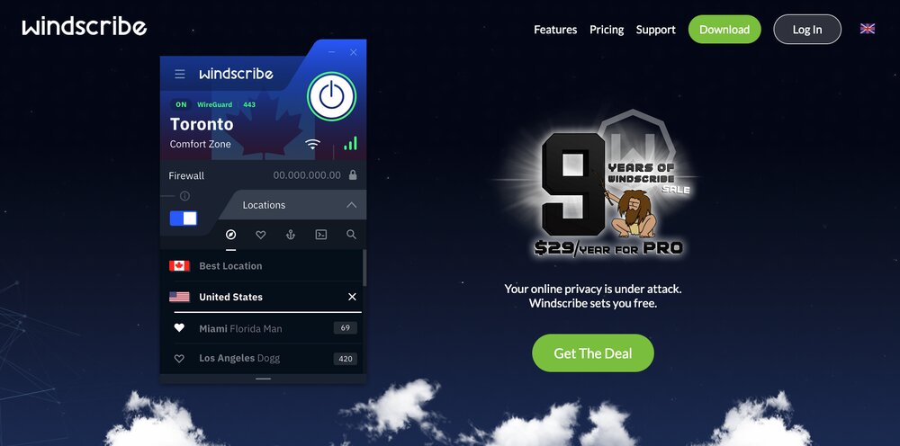 Windscribe VPN domovská stránka