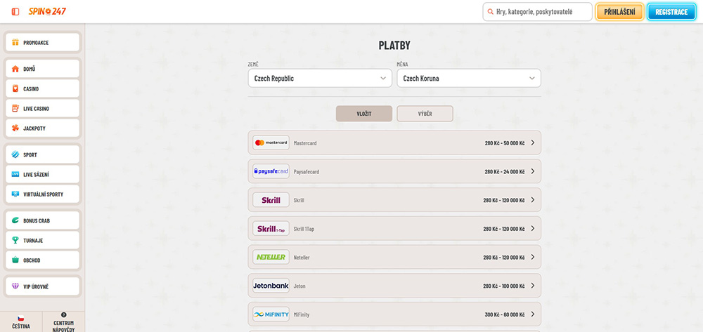 Spin247 – Ein- und Auszahlungen