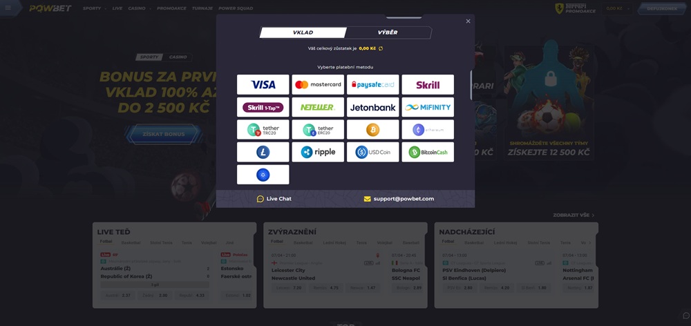 Powbet vklad a výběr peněz 