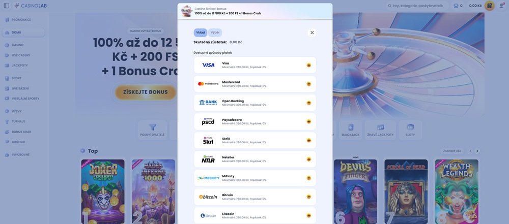 CasinoLab vklad a výběr peněz