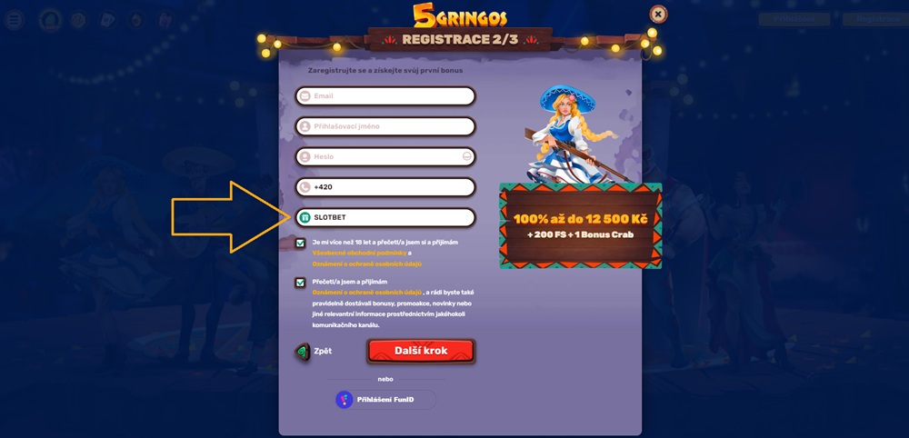 Pole pro zadání kódu SLOTHBET