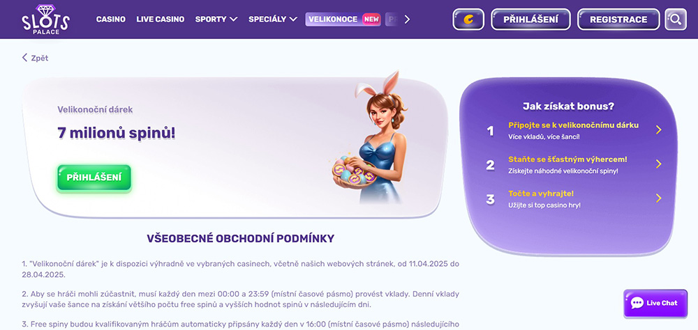 Velikonoce 2025 v casinu SlotsPalace [promo akce, bonusy, free spiny atd.]