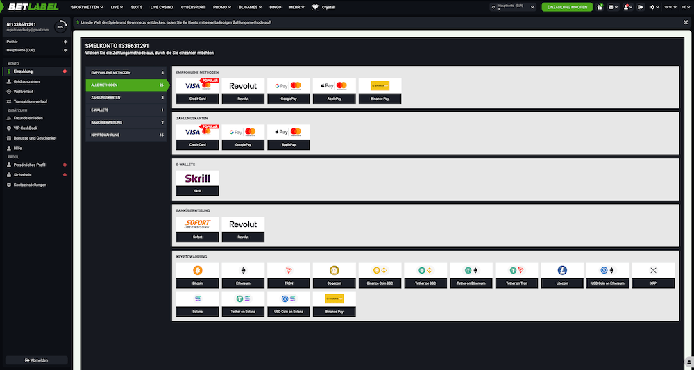68116 BetLabel Ein und Auszahlungen