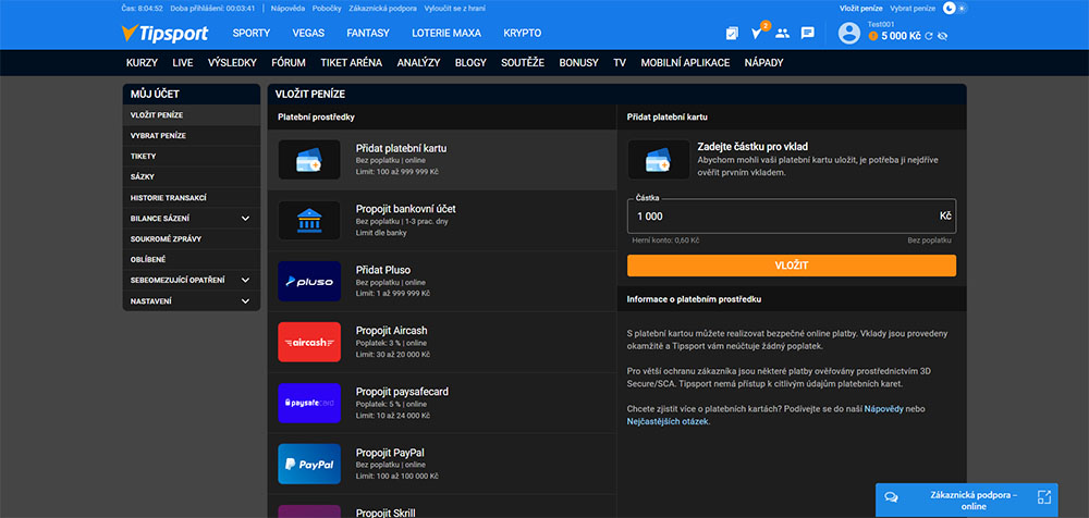 Jak vložit peníze na Tipsport?