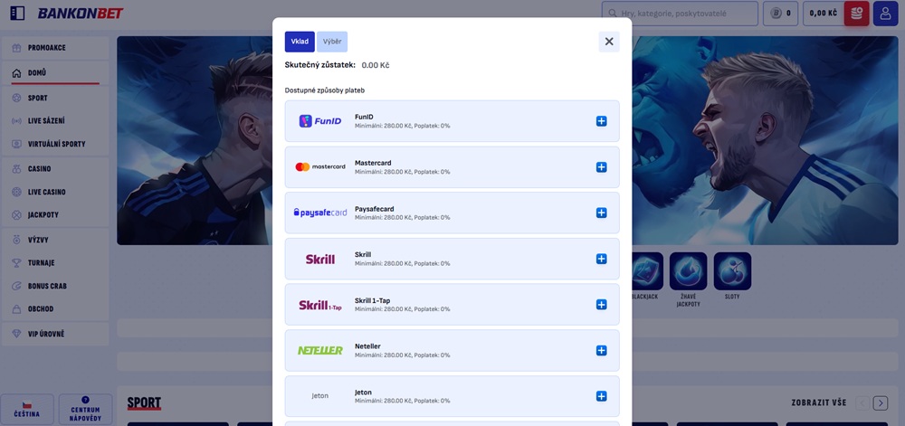 Bankonbet vklad a výběr 