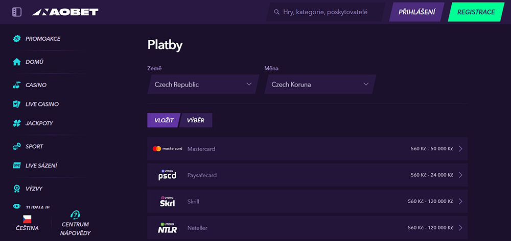 NaoBet – vklad a výběr peněz