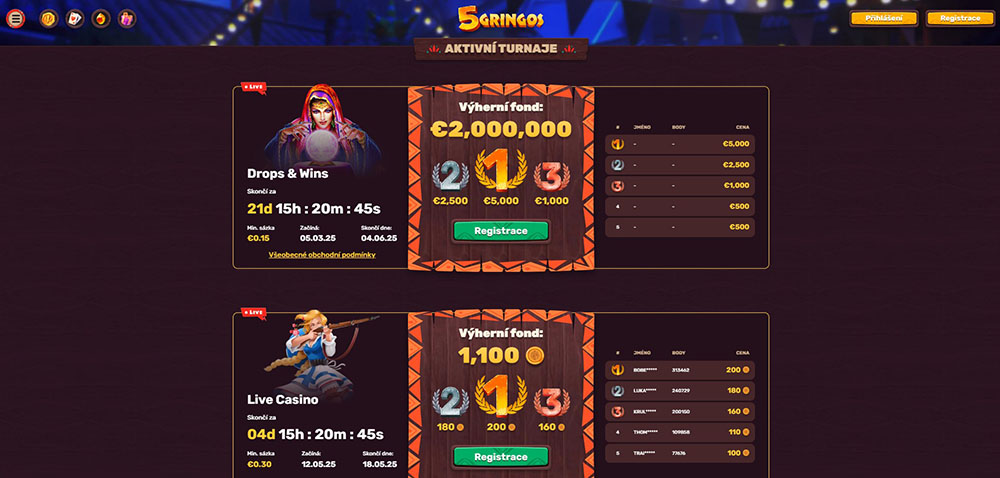 Aktuální turnaje v casinu 5Gringos [květen 2025]