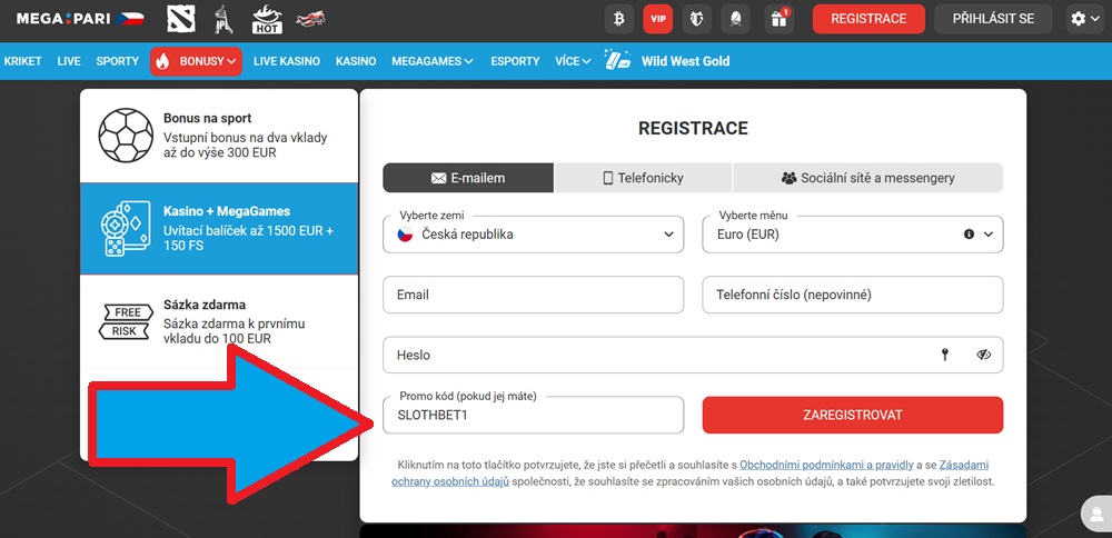 Pole pro zadání kódu SLOTHBET1