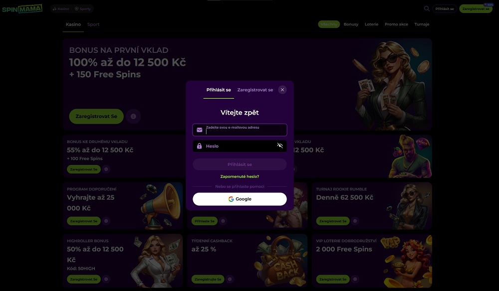 Náhled přihlašovacího formuláře v online casinu Spinmama