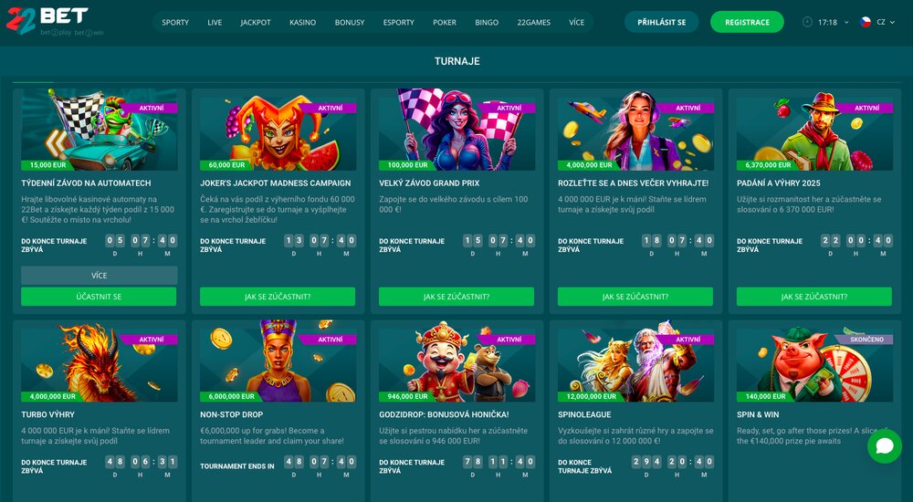 22BET nabídka turnajů květen 2025