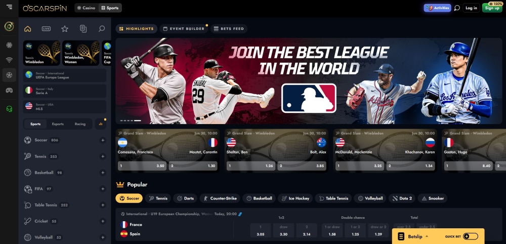 Oscarspin offers wide variety of sports and events to bet on