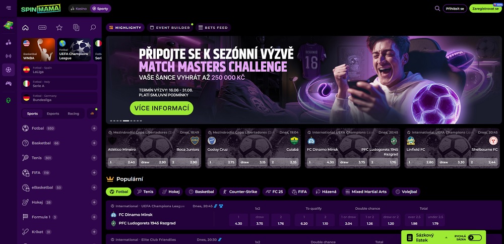 Vista de la casa de apuestas Spinmama con amplia selección de deportes y eventos para apostar