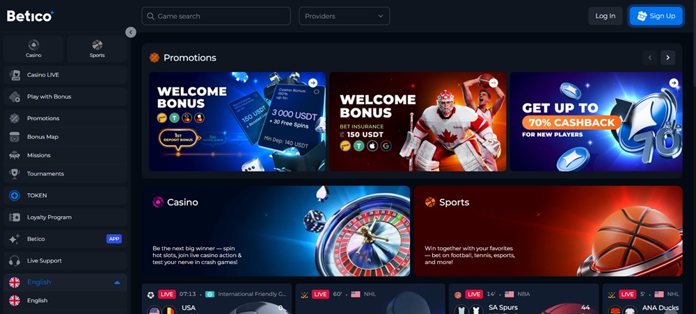 Betico casino homepage