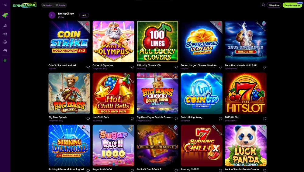 Vista de la amplia biblioteca de tragaperras en el casino online Spinmama
