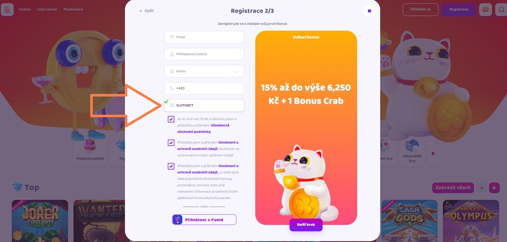 Pole pro zadání kódu SLOTHBET