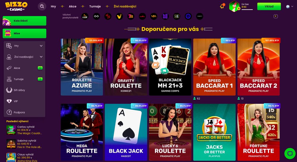 Bizzo Casino nabídka live casina