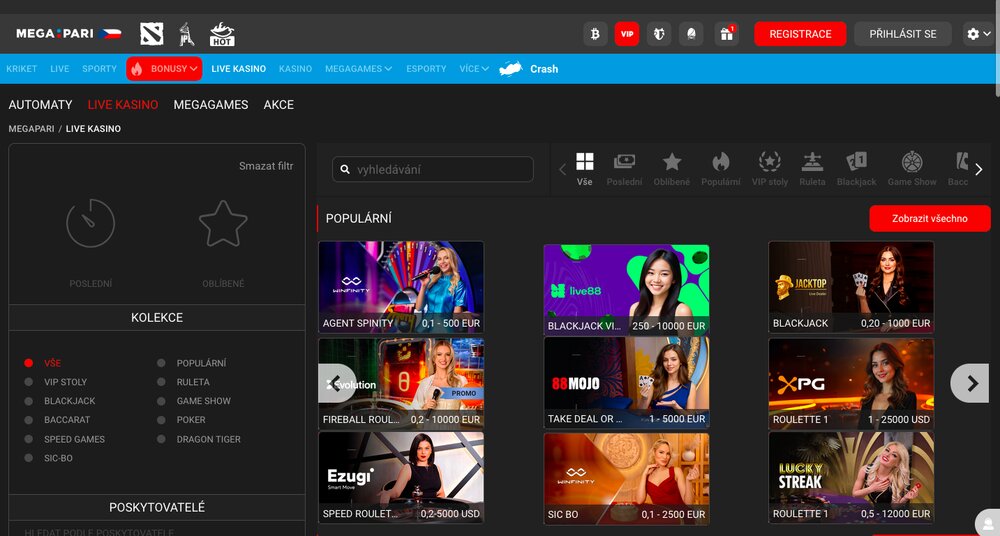 Megapari nabídka live casina