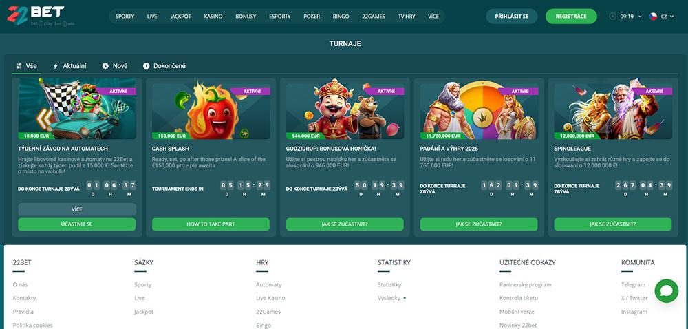Turnaje o miliony v casinu 22BET [aktuální rozpis – červen 2025]
