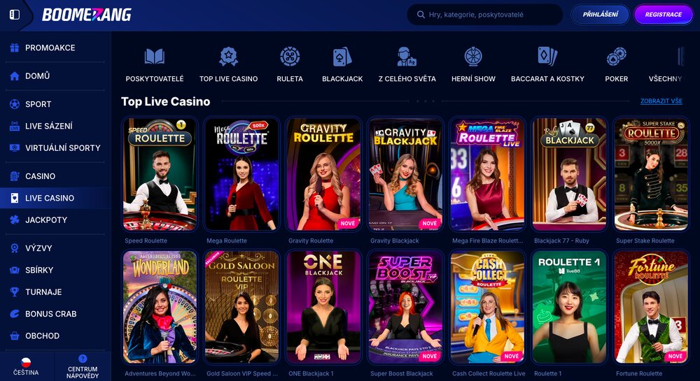 Boomerang Bet nabídka live casina