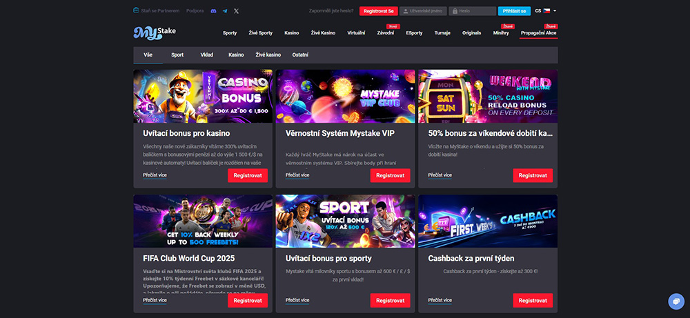 Náhled bonusů a promoakcí s free spins v onilne casinu MyStake