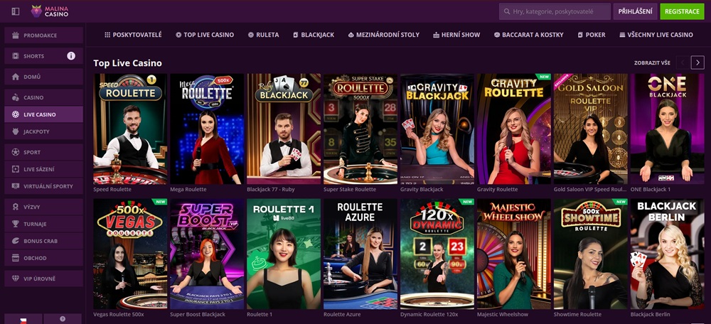 TOP 5 her s krupiéry v live casinu Malina Casino léto 2025