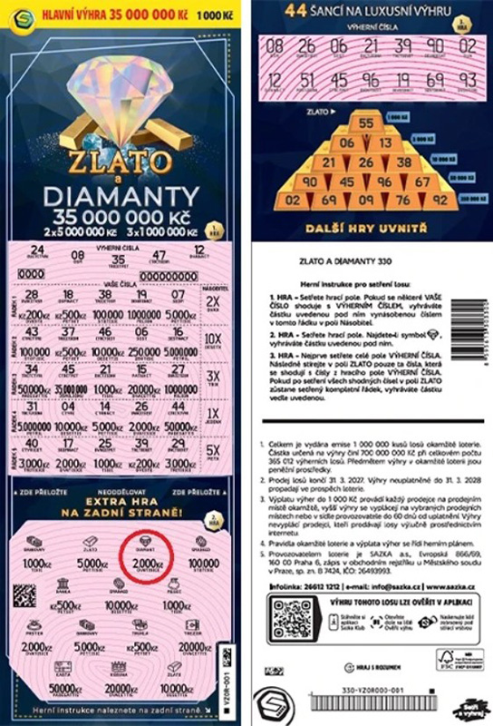 Stírací los Zlato a diamanty - setřené