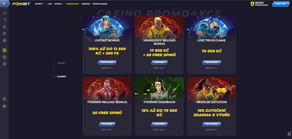 Náhled bonusů a promoakcí obsahující free spins v online casinu Powbet
