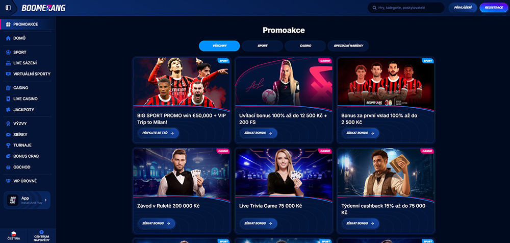 Náhled nabídky bonusů a promoakcí v online casinu Boomerang Bet