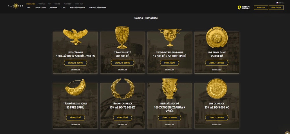 Náhled bonusů a promoakcí obsahující free spiny v online casinu Casinoly