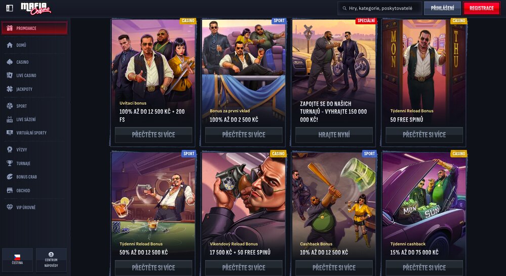 Náhled bonusů a promoakcí v online casinu MafiaCasino
