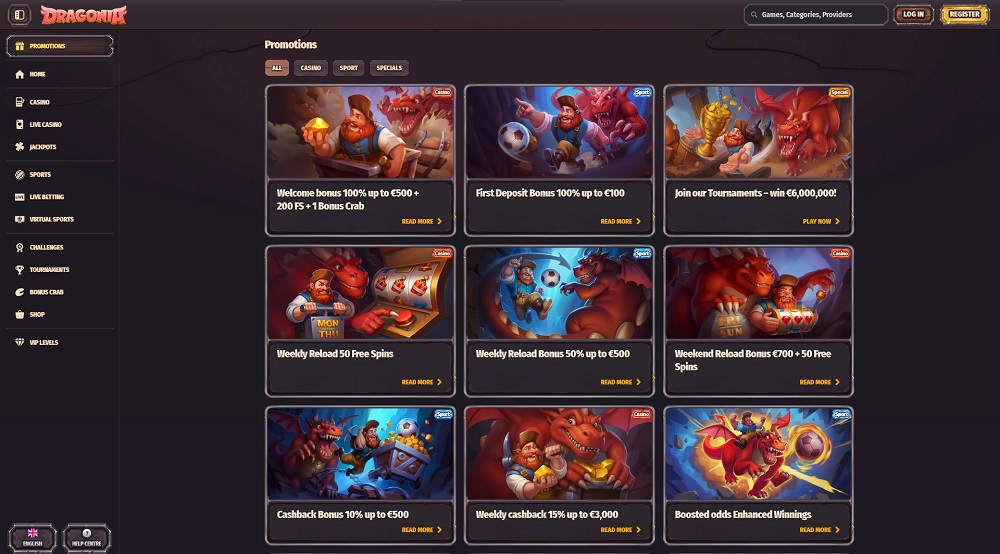 Preview of generous bonuses and promotions at Dragonia online casino and bookmaker