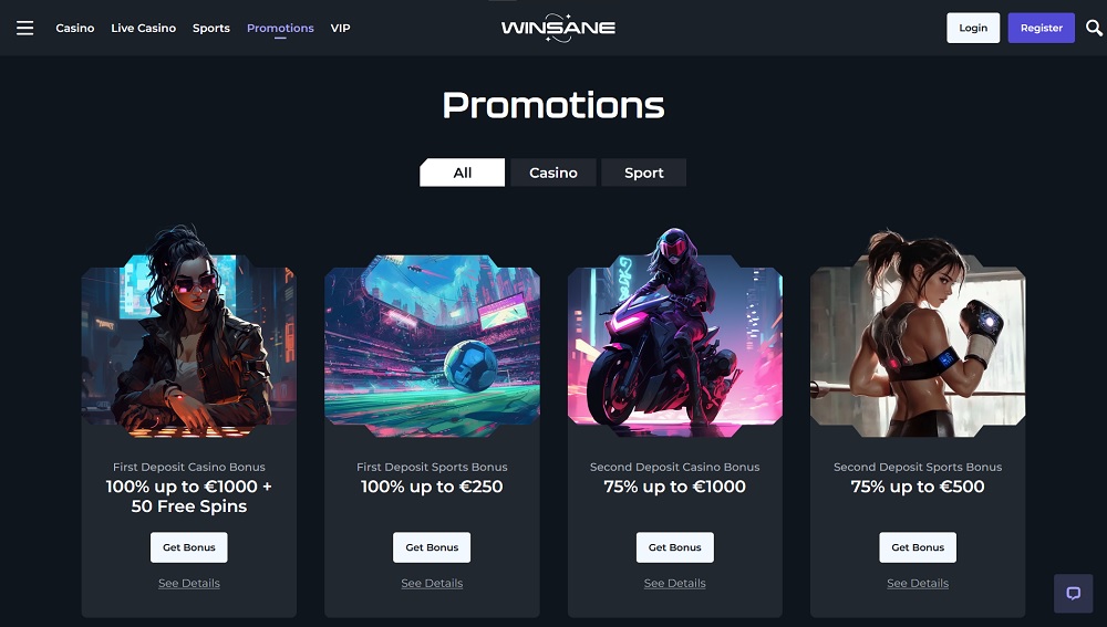 Preview of bonuses and promotions at Winsane casino and sportsbook