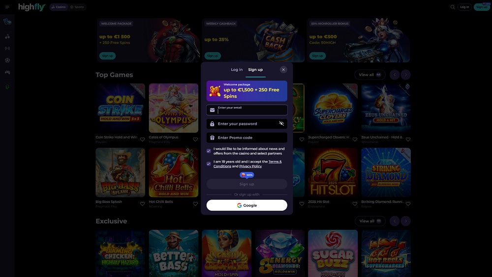 Preview of the registration form at HighFlyBet online casino and bookmaker with a generous welcome bonus