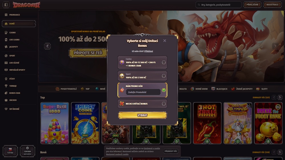 Náhled registračního formuláře s políčkem pro promo code v online casinu Dragonia