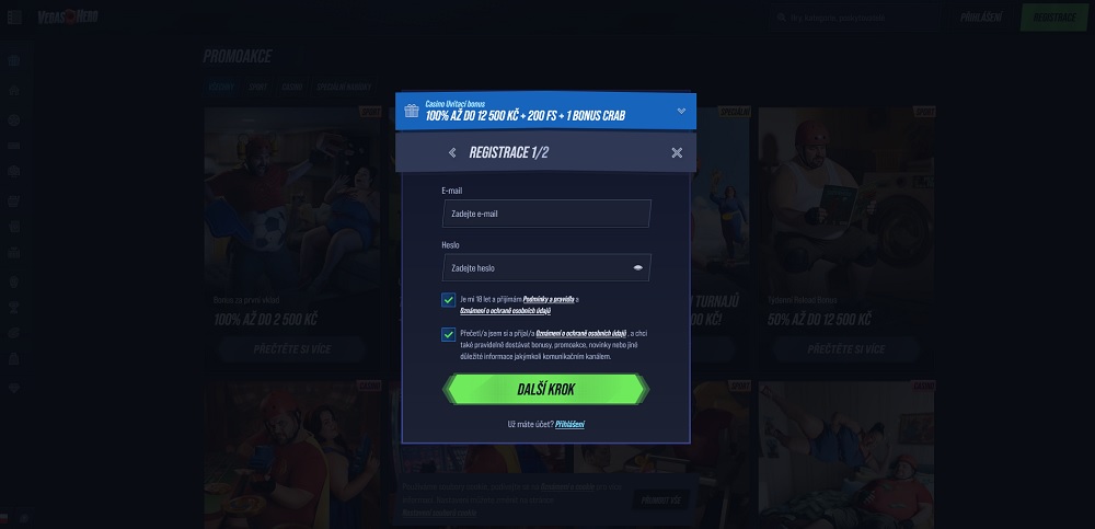 Vista previa del formulario de registro del casino online y la casa de apuestas VegasHero