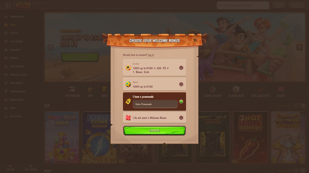 Preview of the registration form in the Stone Vegas online casino and bookmaker